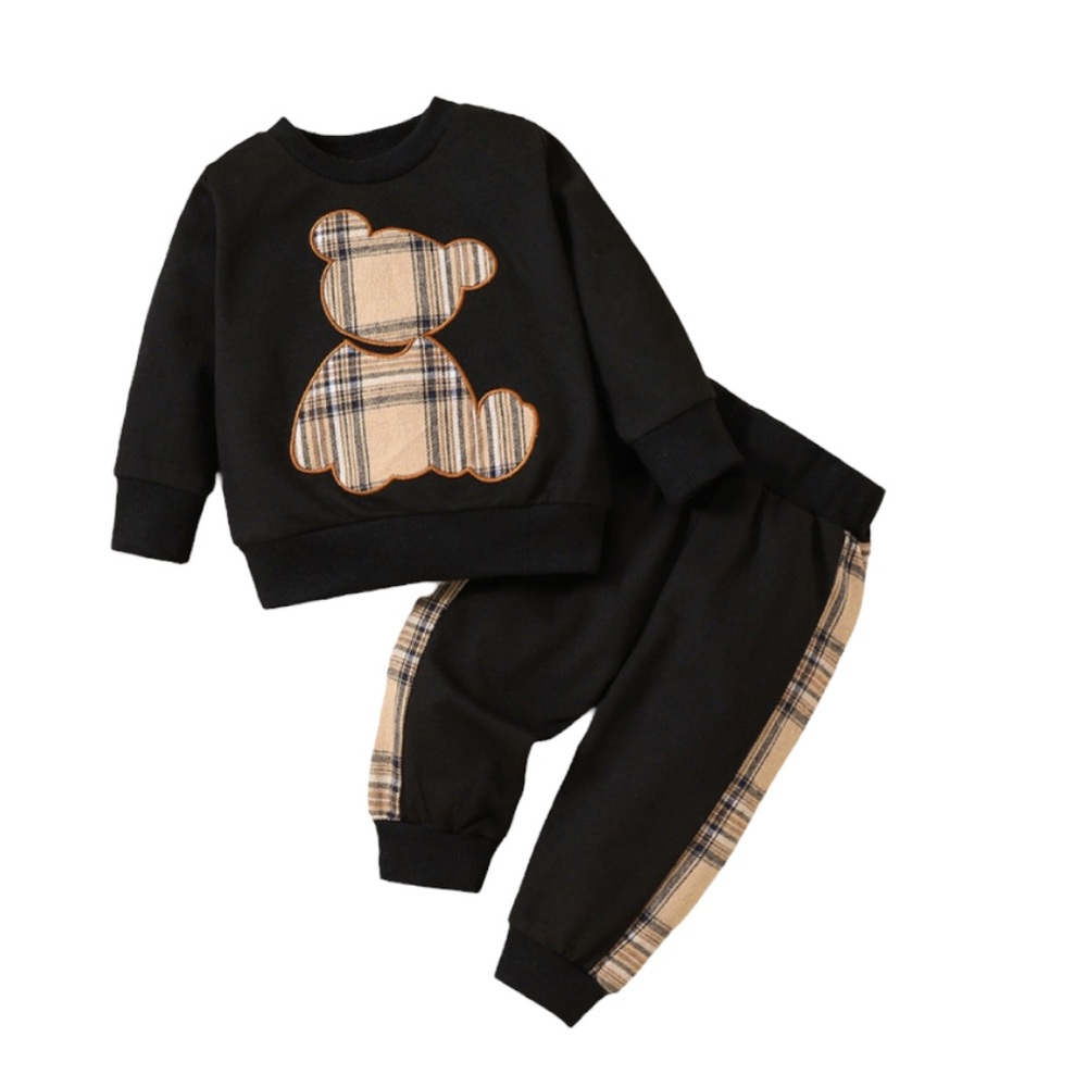 Long Sleeve Baby Plaid Print Bear Embroidered 2 piece Set Size 6-9 Months